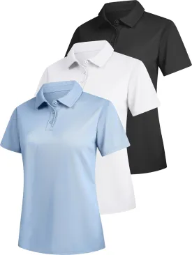 3 Pack Women's Polo Shirts Short Sleeve 3 Buttons Collared Golf T Shirts Quick Dry Work Uniform & Casual Top