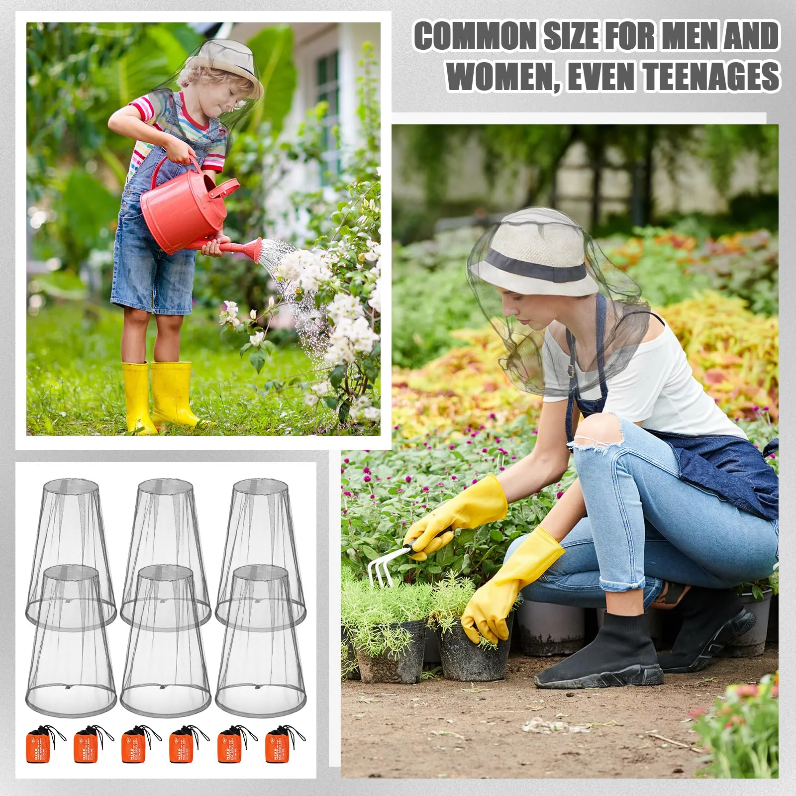 6 Pack Mosquito Head Net Bug Head Net Insects Mesh Head Net for Outdoor Face Neck Head Protecting, Grey Gray