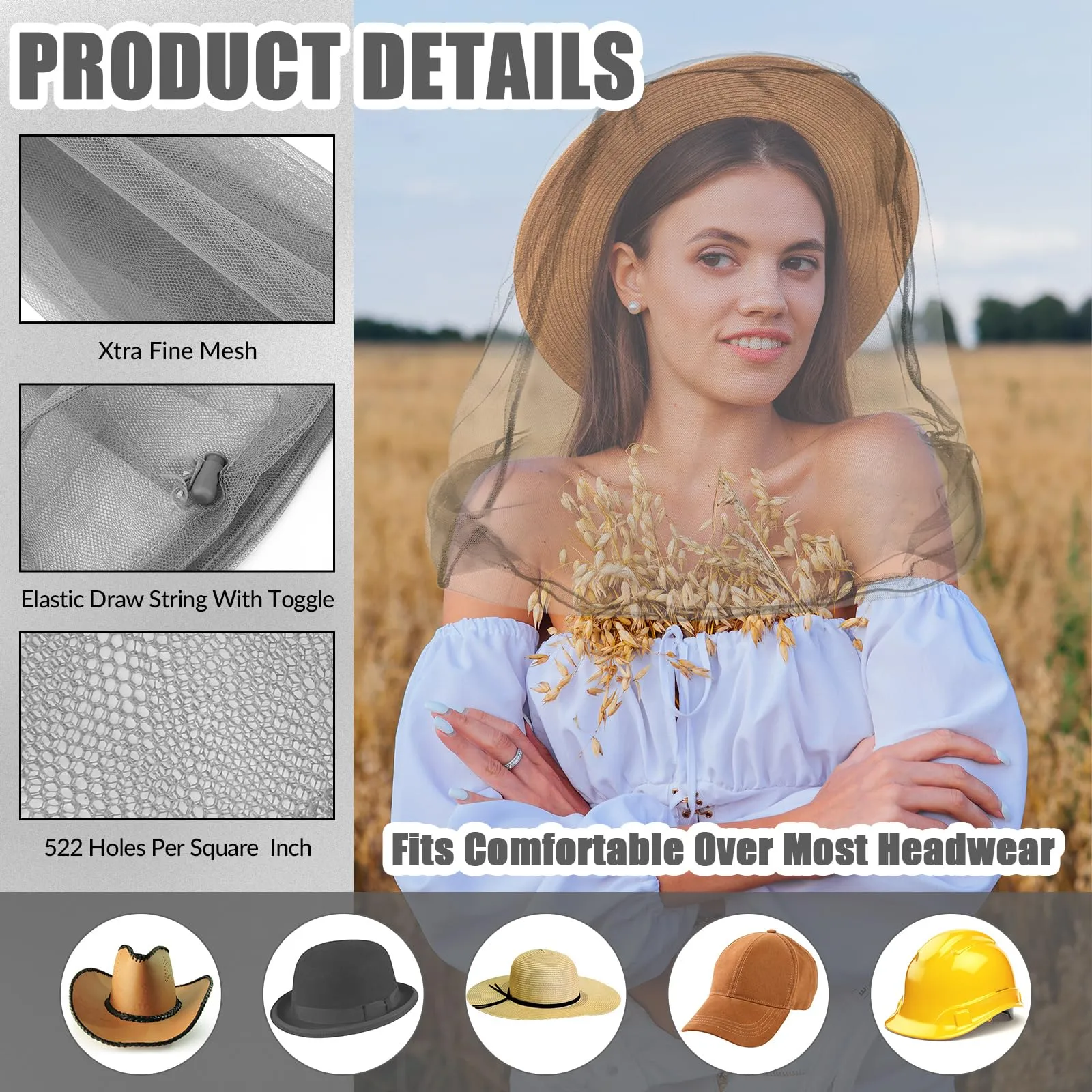 6 Pack Mosquito Head Net Bug Head Net Insects Mesh Head Net for Outdoor Face Neck Head Protecting, Grey Gray