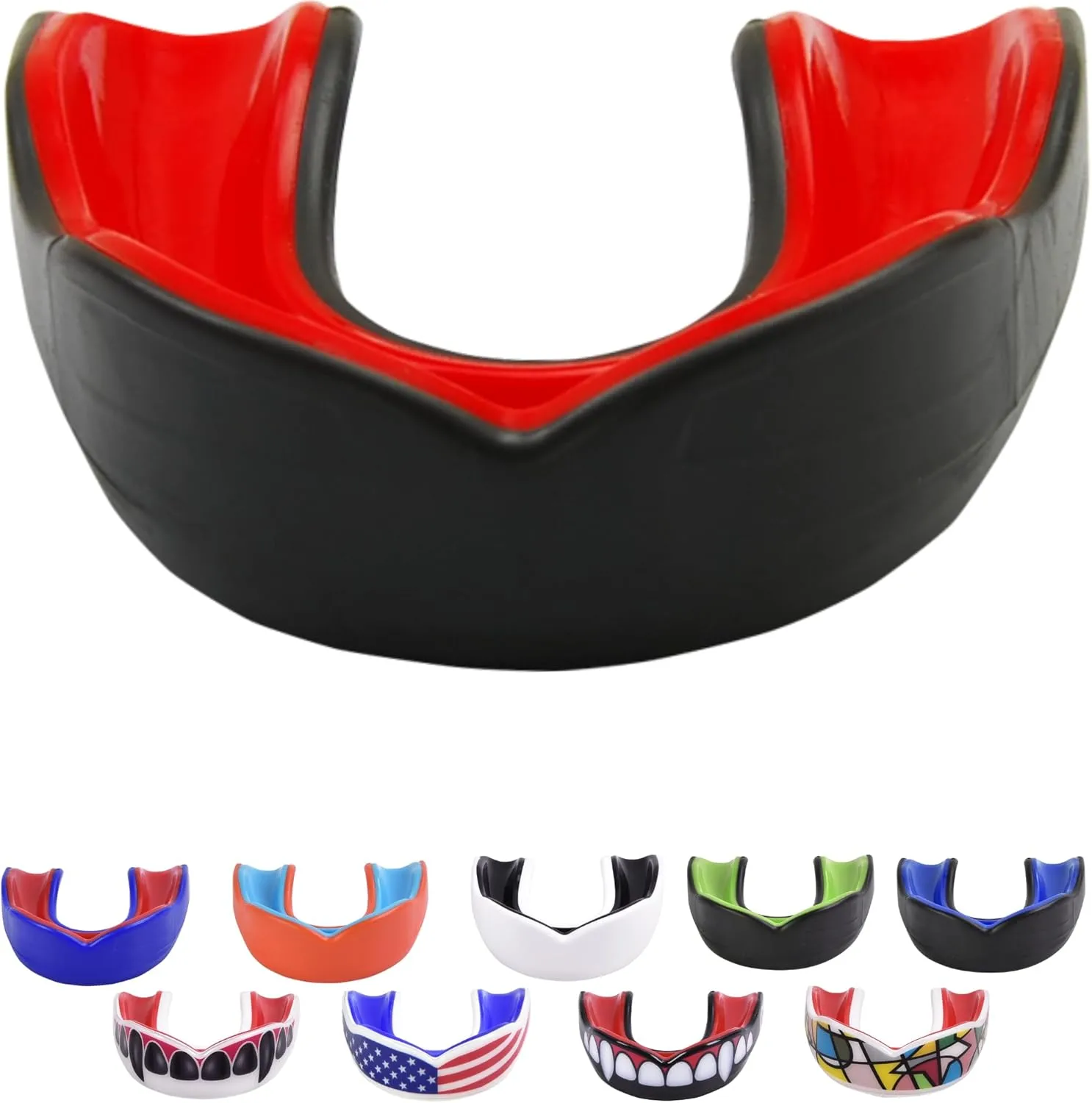 Adult Sports Mouth Guard (USA Flag, Fangs, 15  Colors to Choose from) - Mouthguard for Football, Boxing, Karate, Martial Arts, Rugby, MMA, Sparring, Hockey (Adult, Strapless)