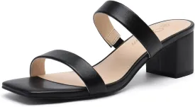 Athlefit Women's Two Strap Open Toe Heels Sandals Chunky Block Comfortable Slip On Low Heel Dress Shoes