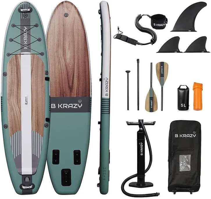 Bkrazy Adult - High-end Inflatable Paddle Board - Premium Accessories - Wheeled Backpack, Hybrid Aluminium Paddle, Kayak seat, Leash, Dry Bag, Hand Pump, 3 Fins - 12.6' x 32" x 6"
