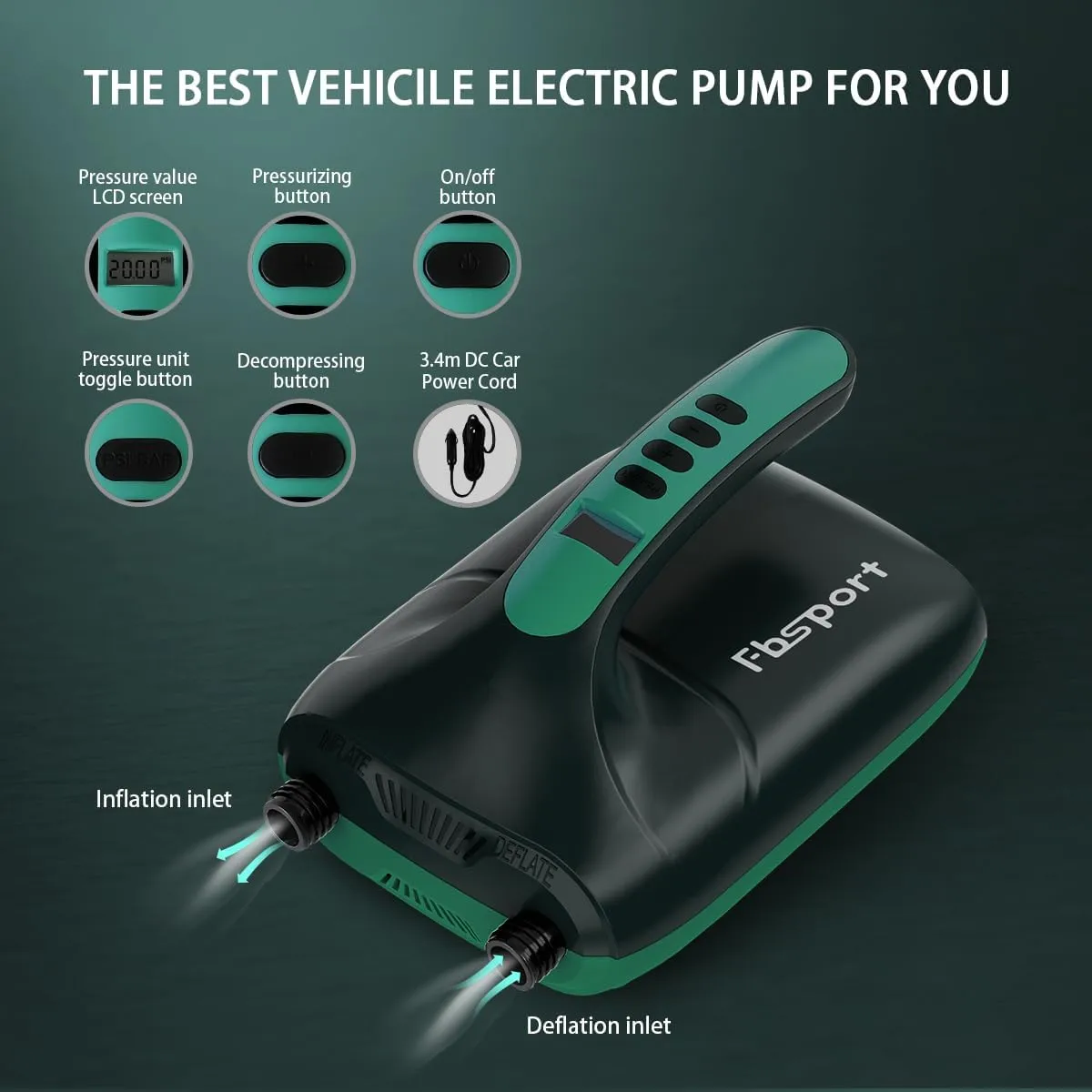 FBSPORT 20PSI High Pressure SUP Vehicle Electric Air Pump, Inflation Paddle Board Pump for Stand Up Paddle Boards, Inflation & Deflation Function Quick Air Inflator for Paddleboards