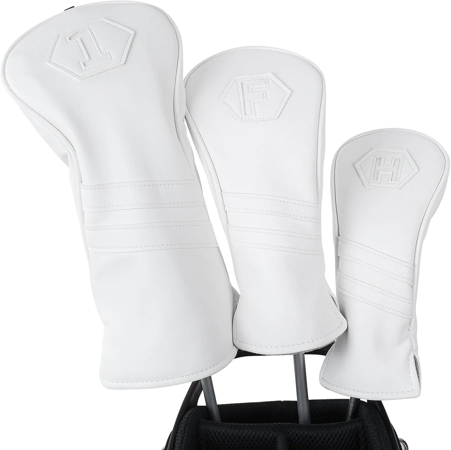 Golf Club Head Covers for Woods and Drivers, Premium PU Leather Striped Simple Golf Club Covers, Golf Headcovers Set All White