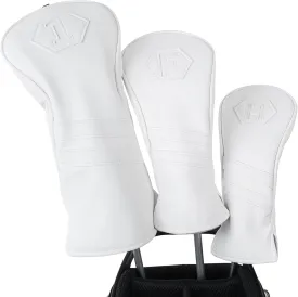 Golf Club Head Covers for Woods and Drivers, Premium PU Leather Striped Simple Golf Club Covers, Golf Headcovers Set All White