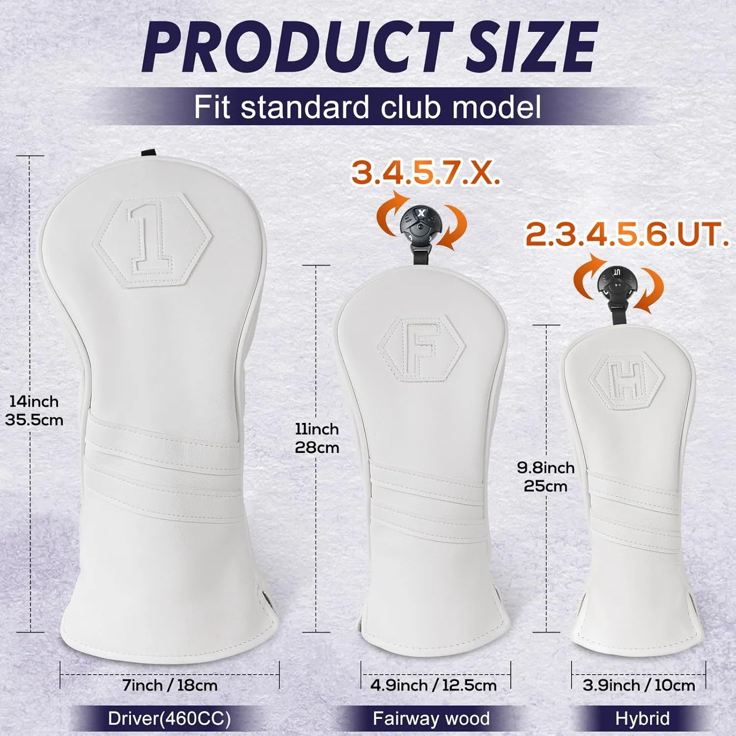 Golf Club Head Covers for Woods and Drivers, Premium PU Leather Striped Simple Golf Club Covers, Golf Headcovers Set All White