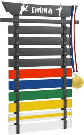 Karate Belt Display Rack Holds 10 Belts, Wood Taekwondo Belt Display No Assembly Required, Personalized Martial Arts Belt Display Holder with Stickers, Black