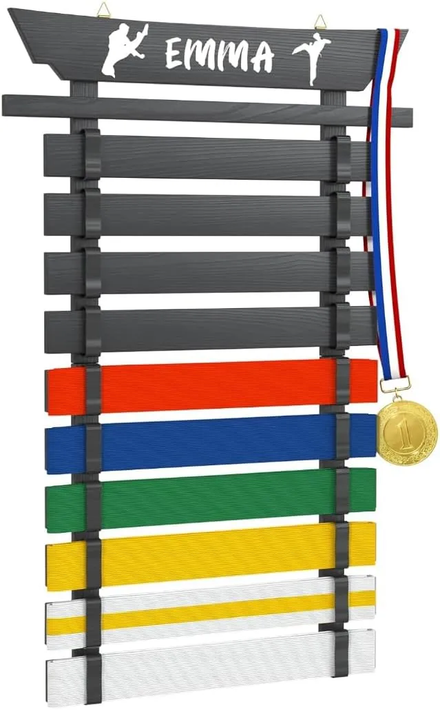 Karate Belt Display Rack Holds 10 Belts, Wood Taekwondo Belt Display No Assembly Required, Personalized Martial Arts Belt Display Holder with Stickers, Black