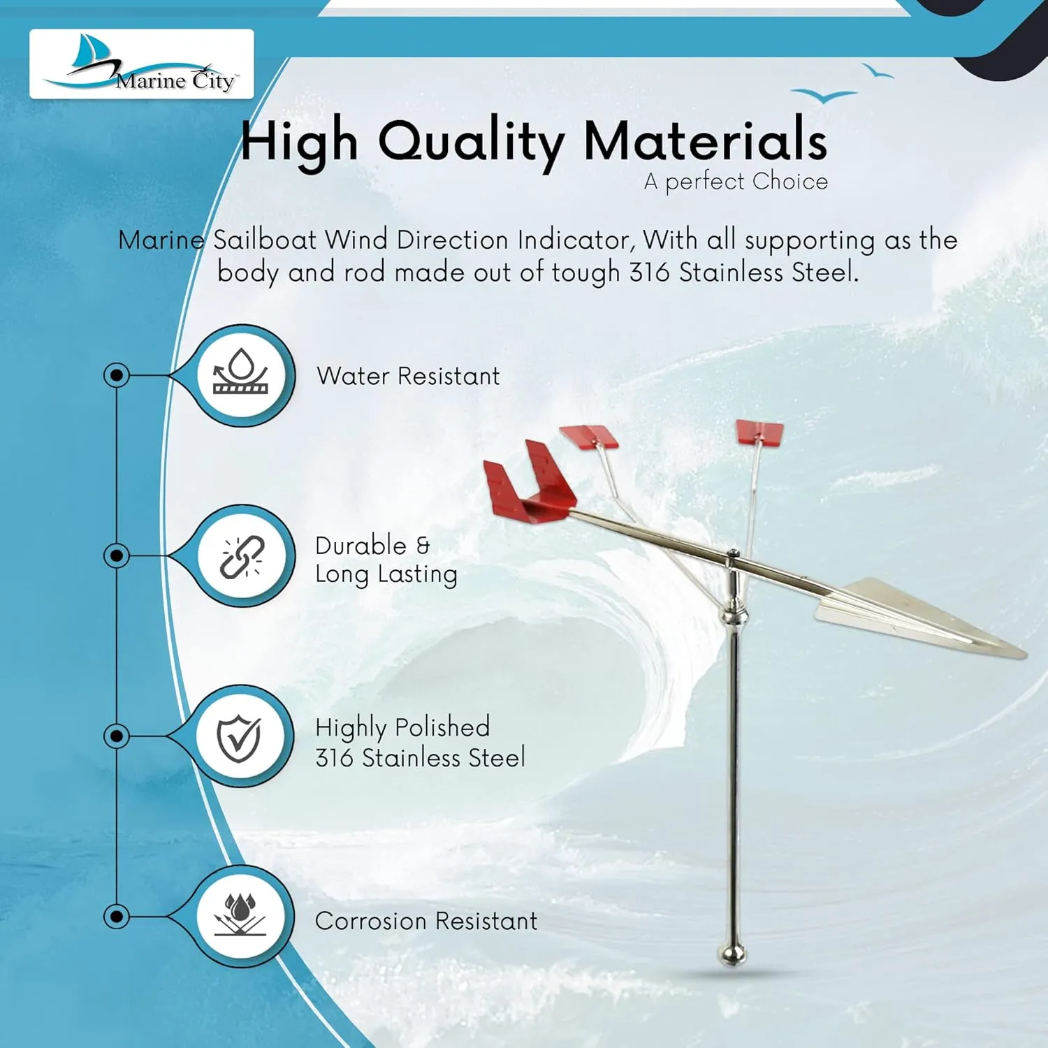 MARINE CITY Sailboat Wind Indicator  316 Stainless Steel, Corrosion Resistant, Easy Visibility, for Marines, Boats, Yachts