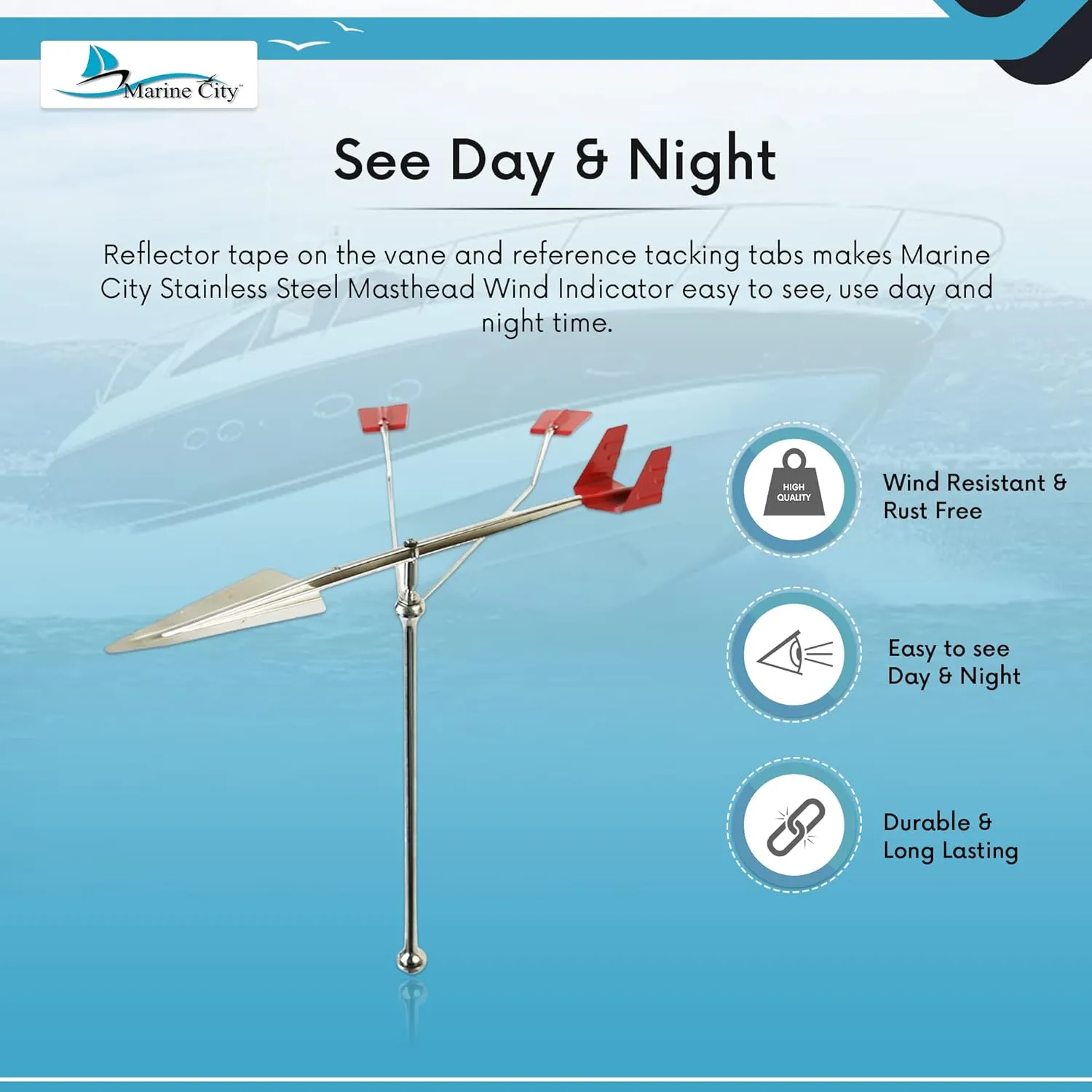 MARINE CITY Sailboat Wind Indicator  316 Stainless Steel, Corrosion Resistant, Easy Visibility, for Marines, Boats, Yachts