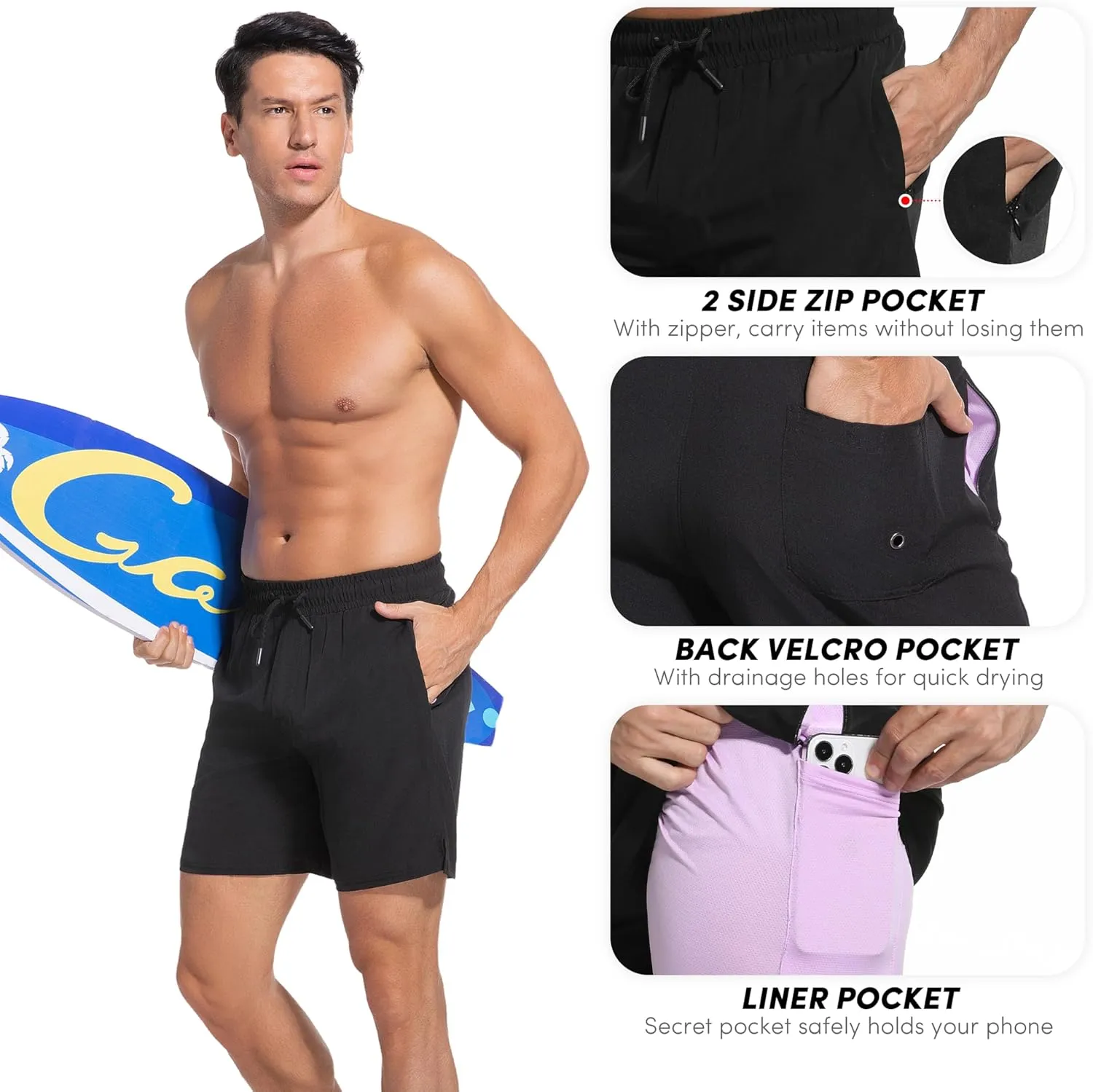 Men Swim Trunks with Compresssion Liner 7 Inch Inseam Board Shorts 2-in-1 Bathing Suit with Zipper Pockets