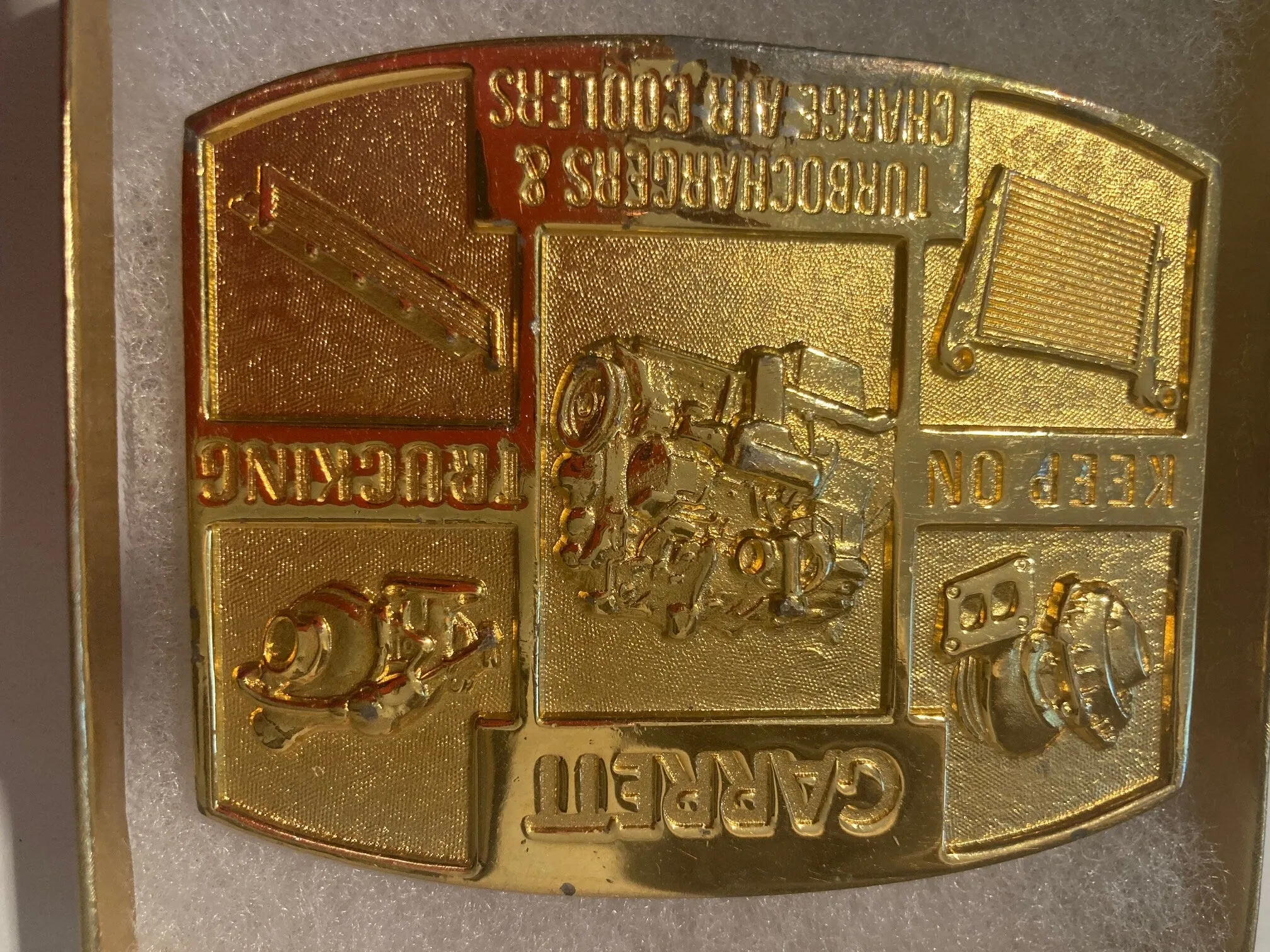 Vintage Metal Belt Buckle, Garrett, Keep On Trucking, Turbochargers and Charge Air Coolers, Nice Design, 3" x 2 1/4", Heavy Duty, Quality