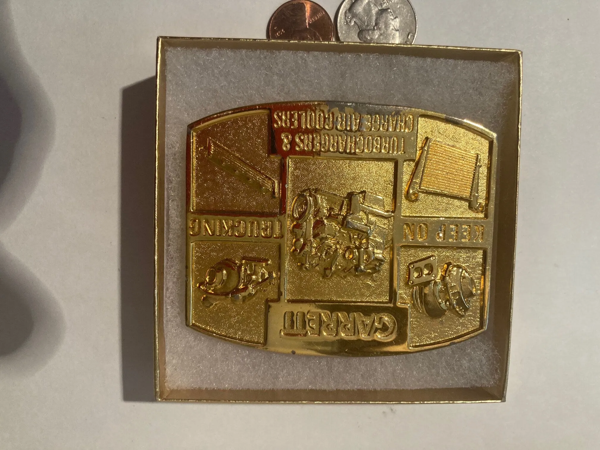 Vintage Metal Belt Buckle, Garrett, Keep On Trucking, Turbochargers and Charge Air Coolers, Nice Design, 3" x 2 1/4", Heavy Duty, Quality