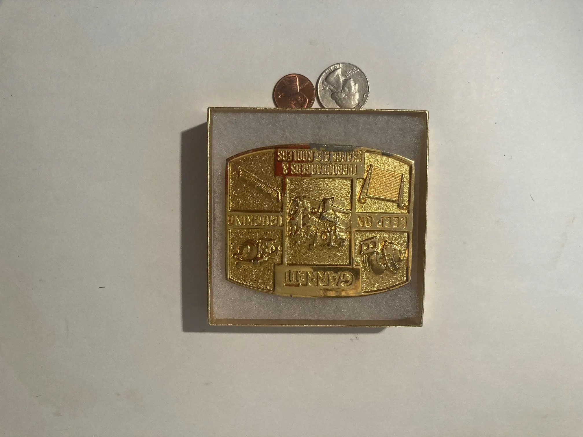Vintage Metal Belt Buckle, Garrett, Keep On Trucking, Turbochargers and Charge Air Coolers, Nice Design, 3" x 2 1/4", Heavy Duty, Quality